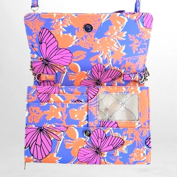 Betsey Johnson Crossbody Wallet Orange Blue Patent Printed Butterflies - Picture 5 of 8